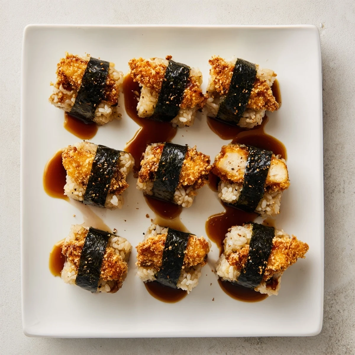 Golden brown chicken katsu layered between seasoned rice wrapped in nori seaweed