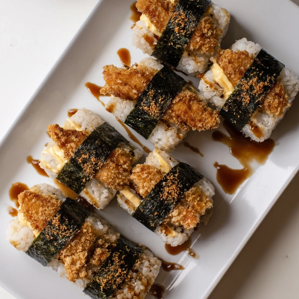 Crispy fried chicken musubi block with panko coating and savory tonkatsu glaze