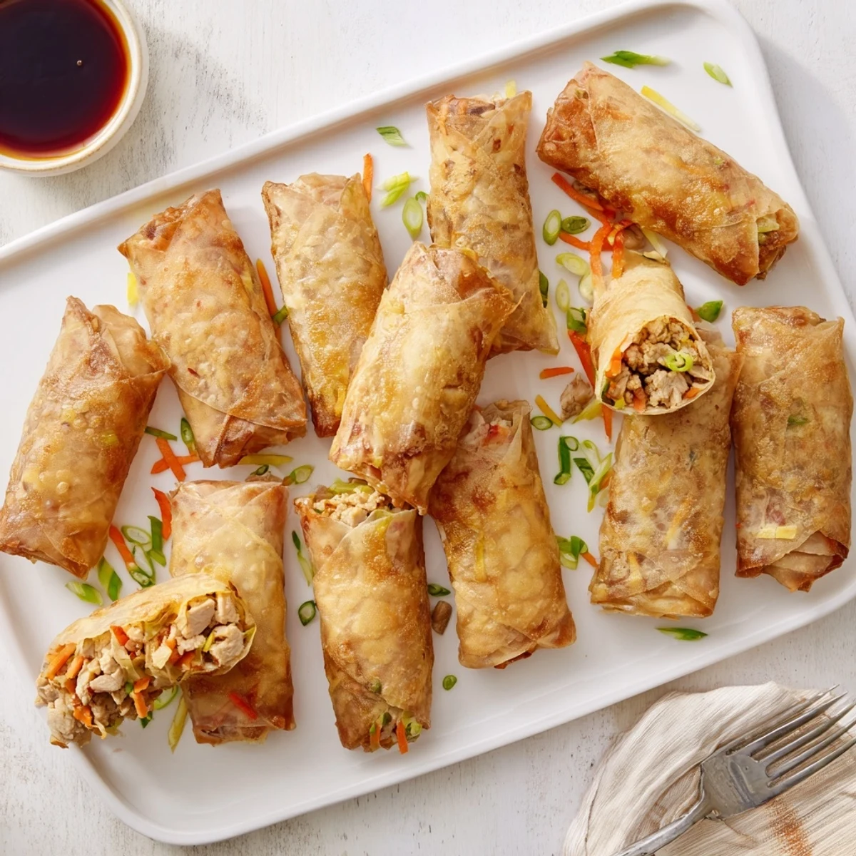Homemade crispy rice paper spring rolls arranged on a platter ready for dipping
