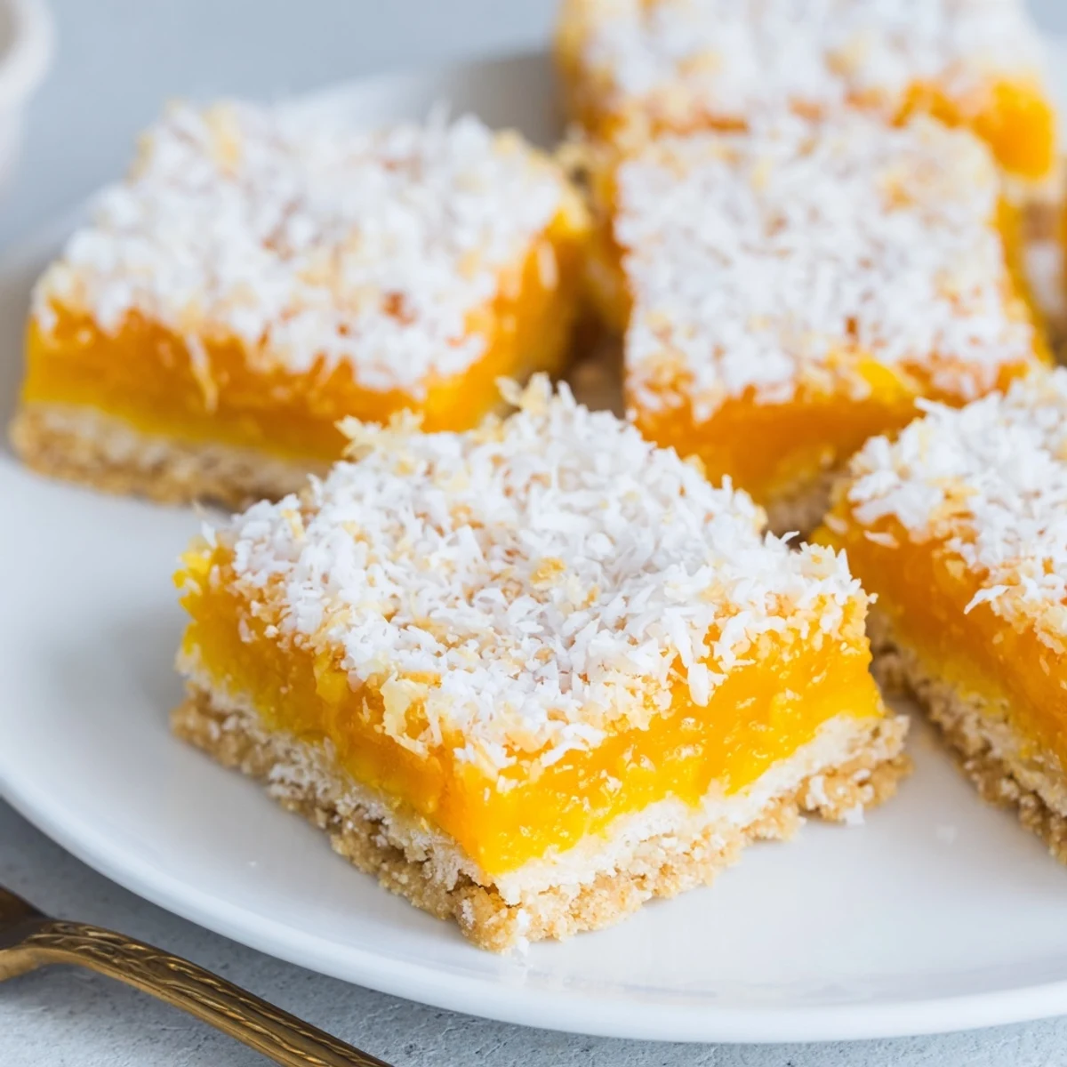 Golden mango coconut bars with toasted coconut topping on a flaky shortbread crust