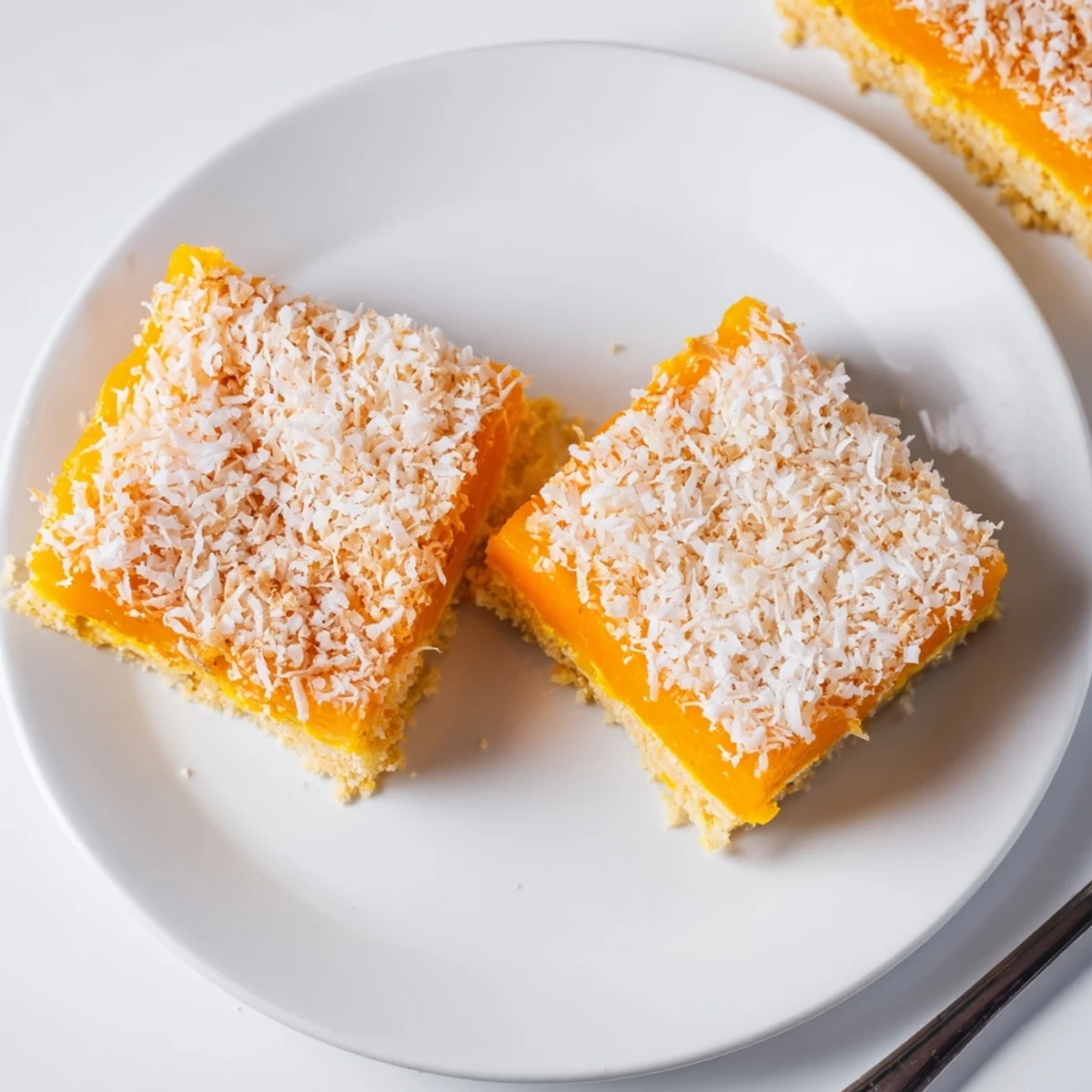 Chewy tropical mango coconut bars sliced into squares on a white serving plate