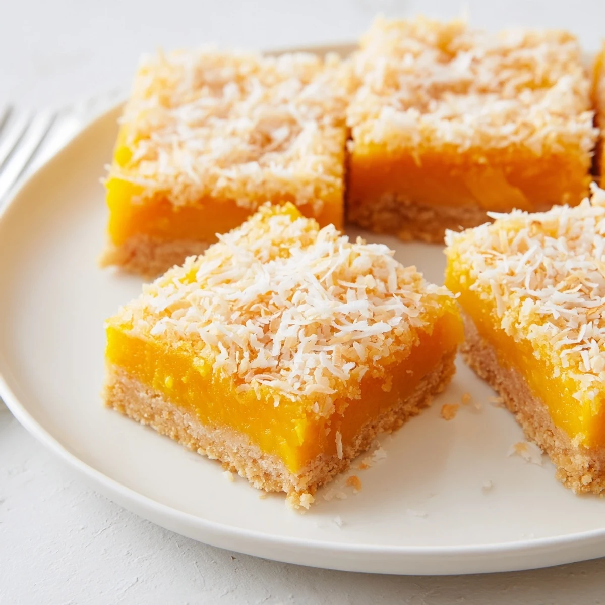Fresh mango coconut bars featuring golden filling and coconut garnish for summer desserts