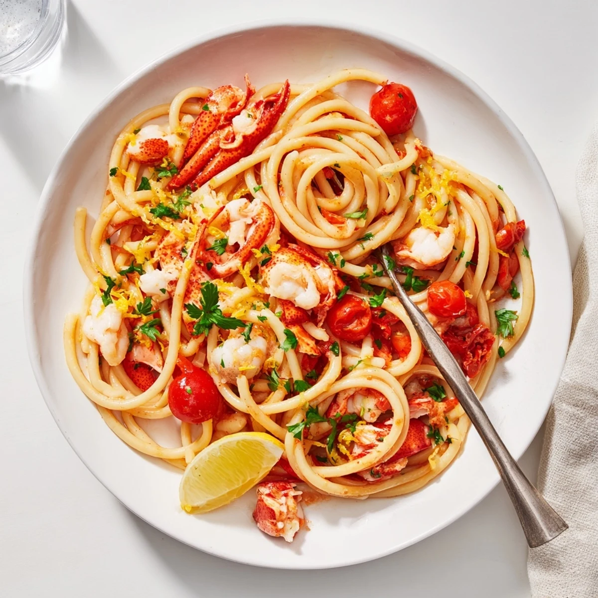 Golden lobster chunks nestled in bucatini pasta with bright cherry tomatoes in a white wine garlic sauce