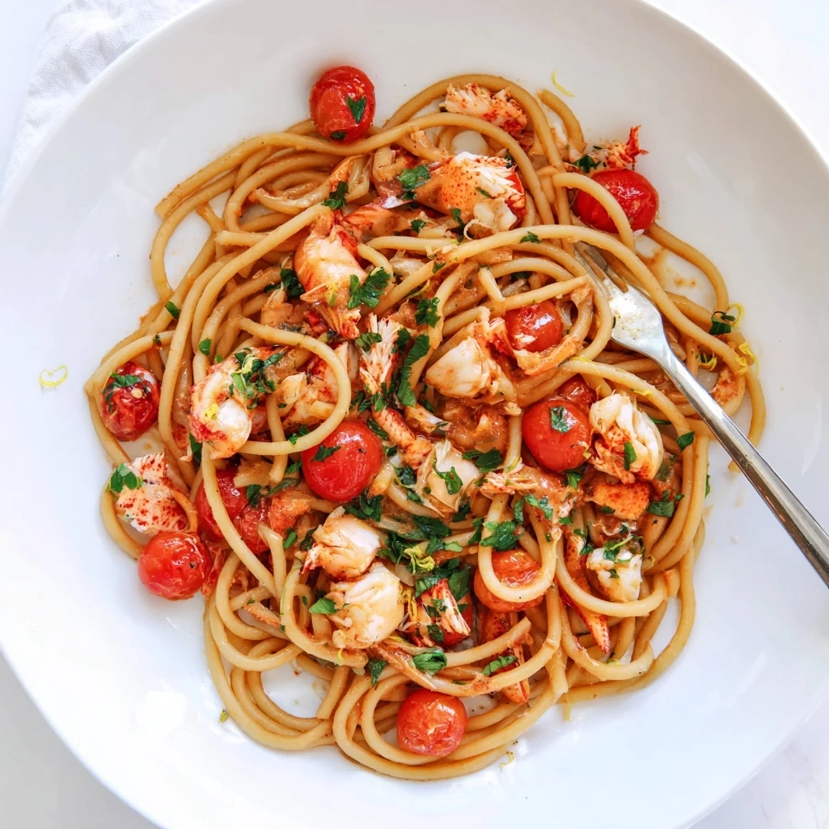 Creamy lobster bucatini pasta dish with garlic butter sauce, fresh parsley, and lemon zest on a white plate