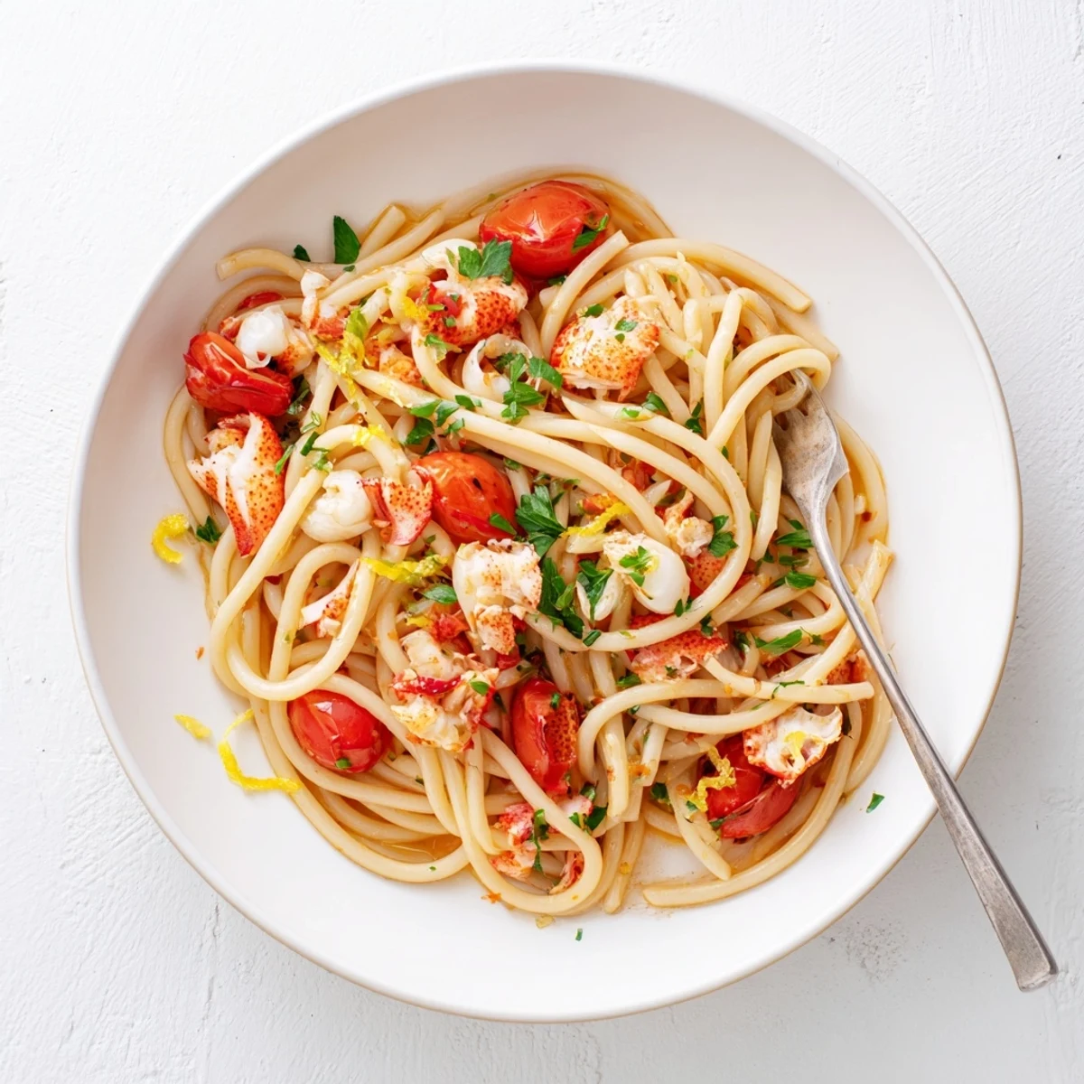 Twirled bucatini pasta coated in rich tomato white wine sauce topped with succulent pieces of red lobster meat