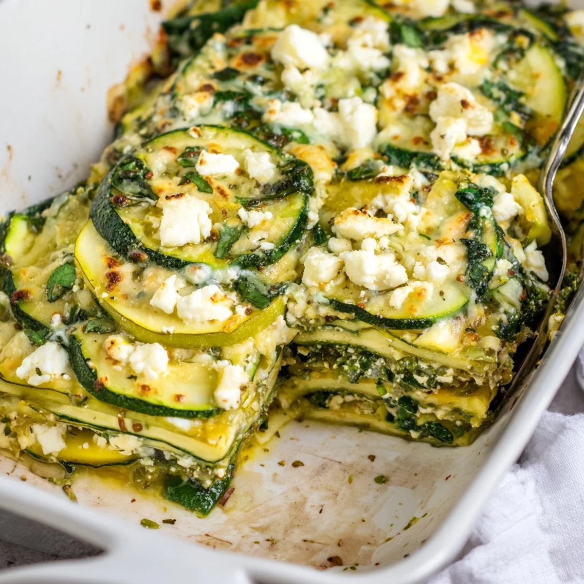 Golden baked zucchini spinach and feta casserole with bubbling mozzarella topping