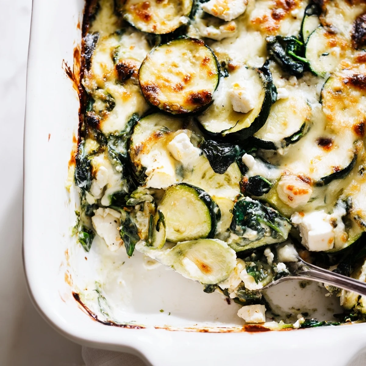 Sliced baked zucchini spinach and feta casserole served on white plate