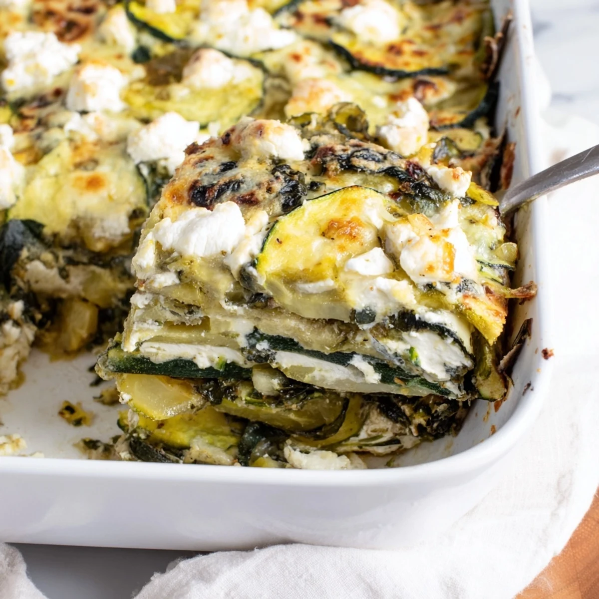 Mediterranean baked zucchini spinach and feta casserole with layered tender vegetables