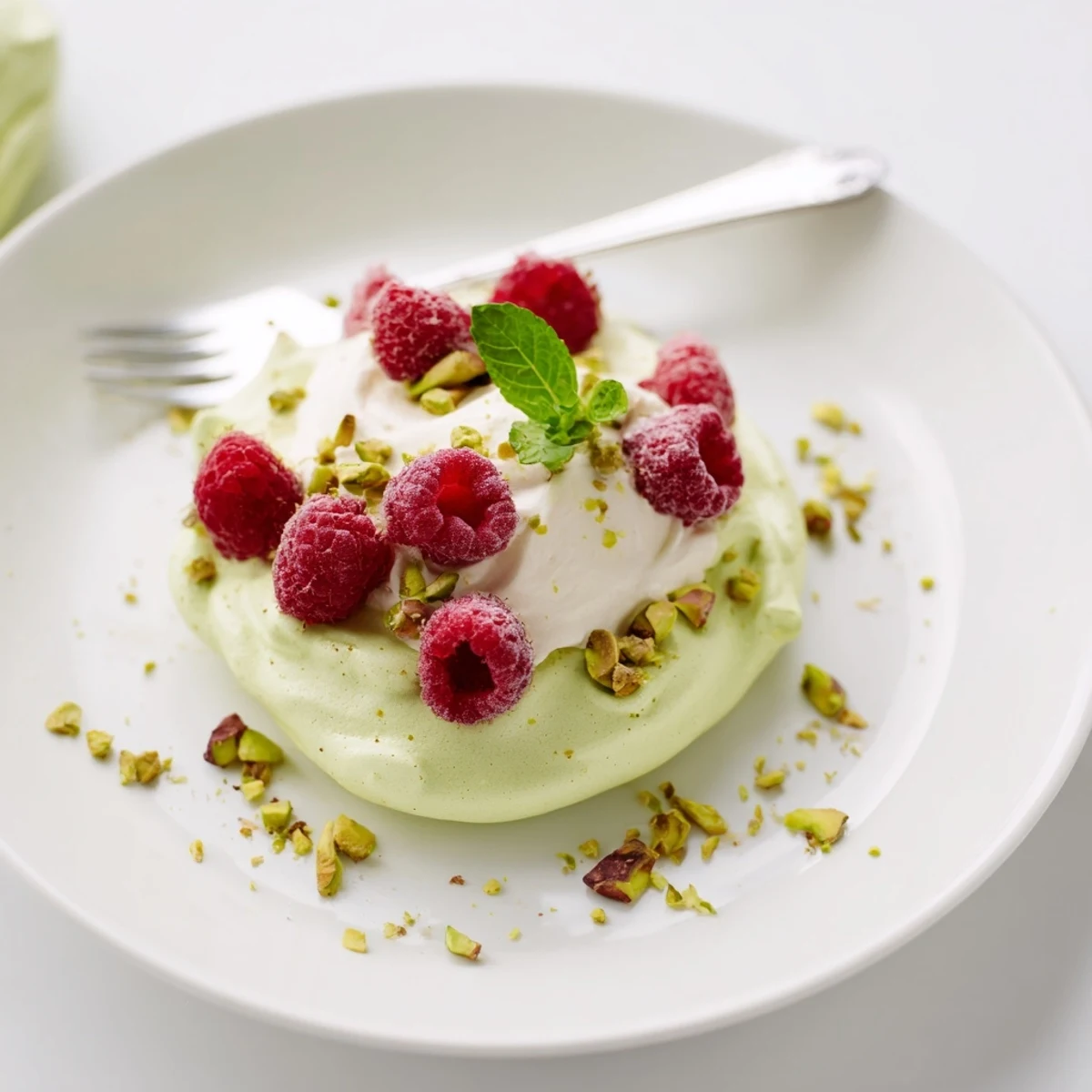 Golden pistachio meringue nests filled with sweetened whipped cream and topped with vibrant fresh raspberries and crushed pistachios