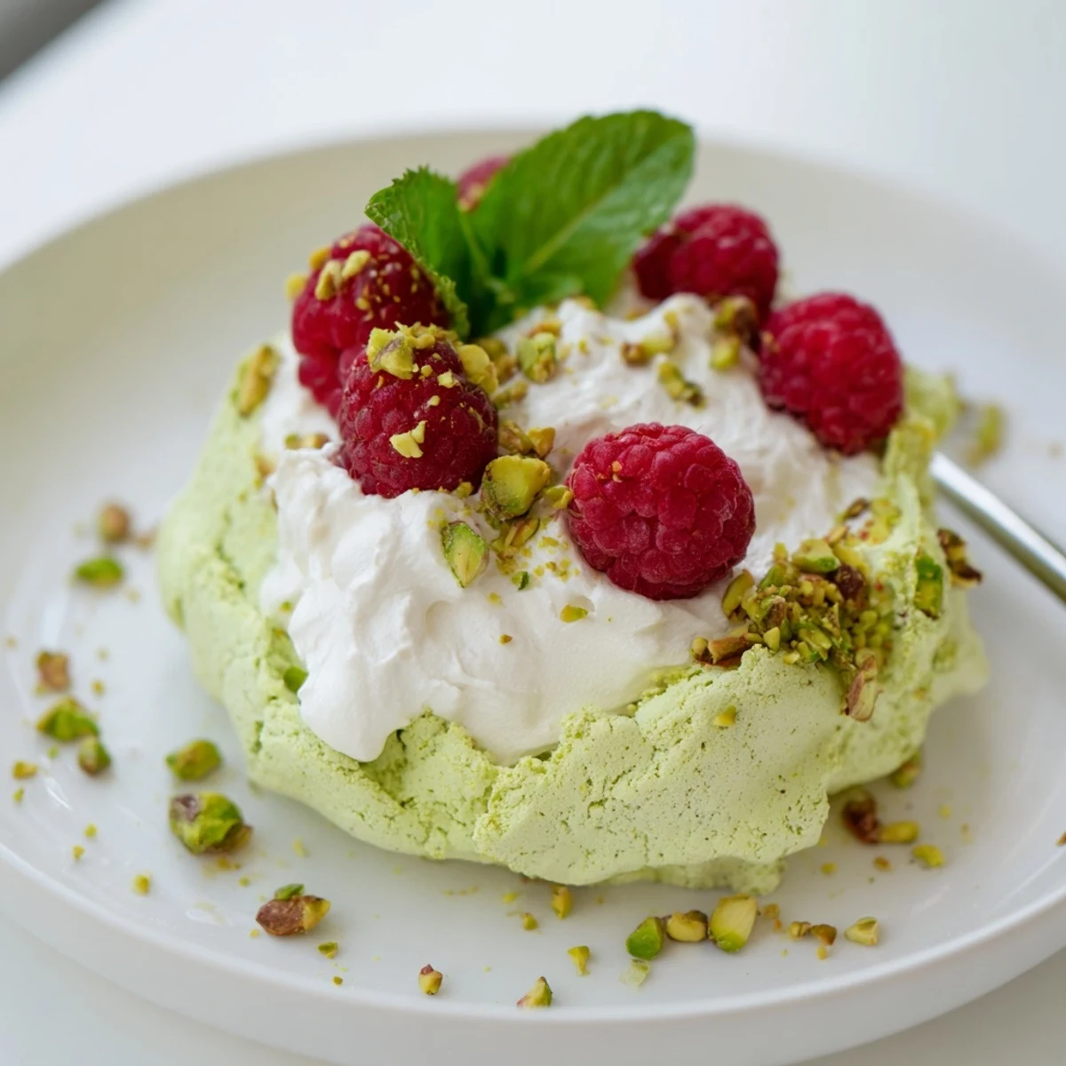 Delicate crisp meringue shells with pistachio flavor, generously filled with fluffy vanilla cream and juicy red raspberries for spring dessert