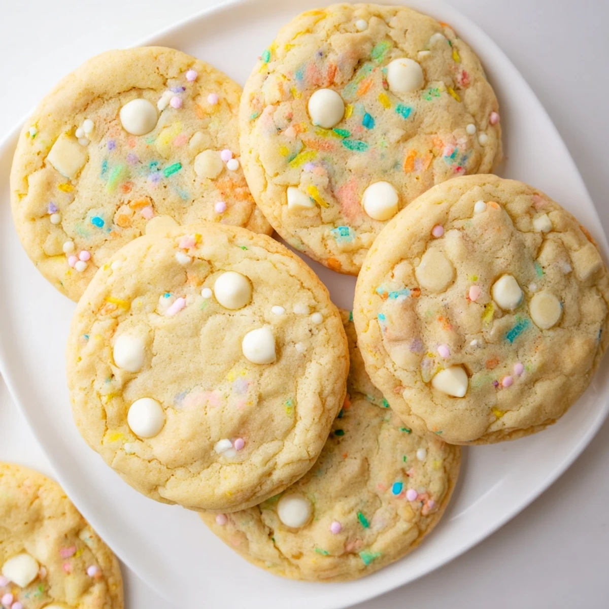 Soft Easter Funfetti cookies topped with pastel sprinkles on a white plate.