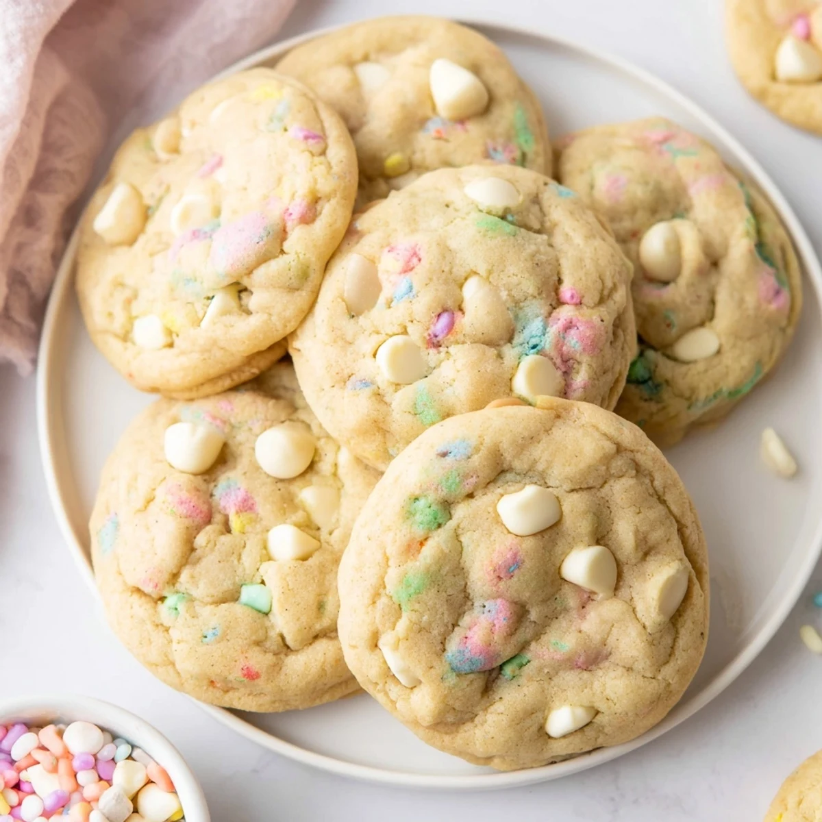 Golden Easter Funfetti cookies loaded with colorful sprinkles, fresh from the oven.