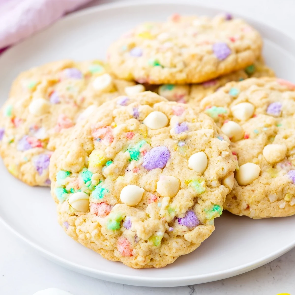 Stack of buttery Easter Funfetti cookies with white chocolate chips and rainbow jimmies.
