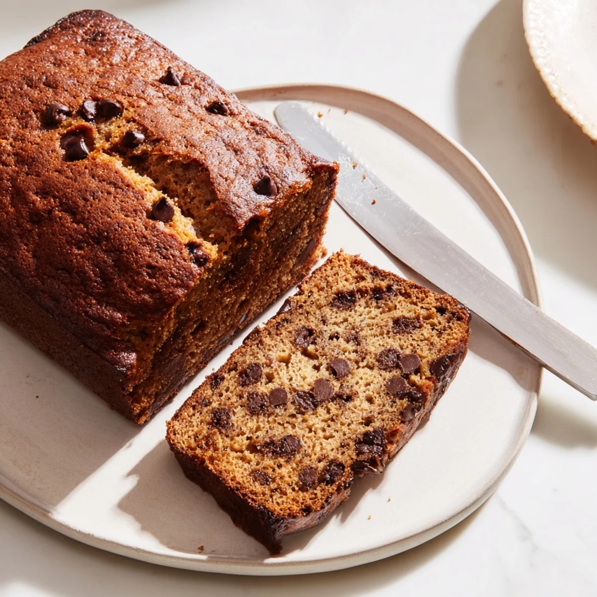 Golden chocolate chip banana bread loaf with melty chips peeking through a moist tender crumb