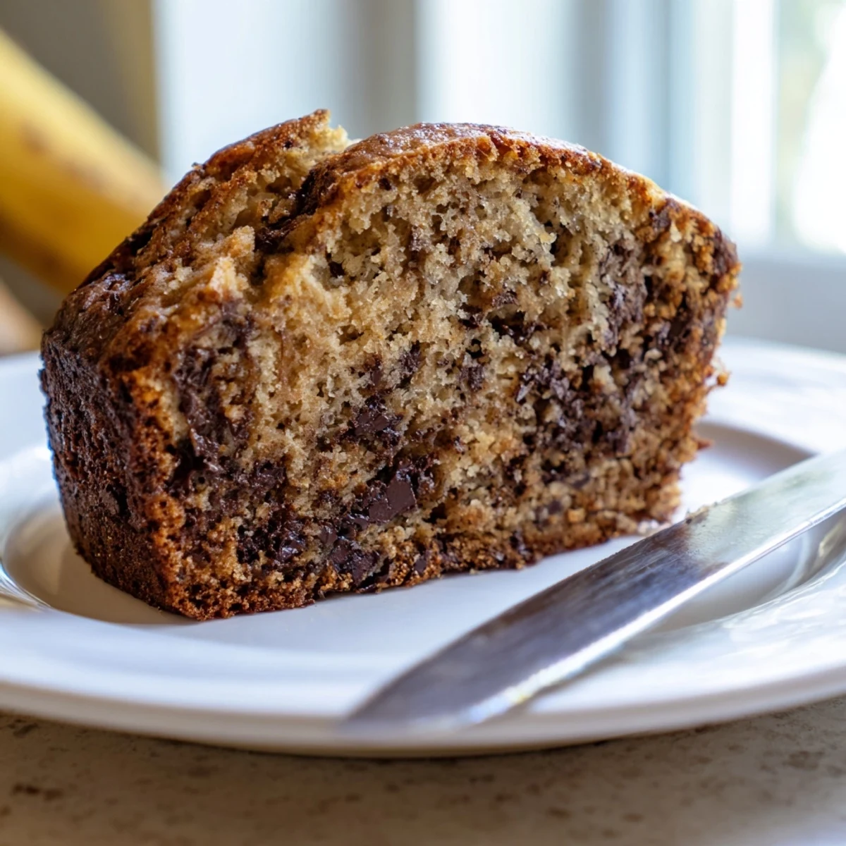 Freshly baked slice of classic chocolate chip banana bread on a white plate with scattered crumbs