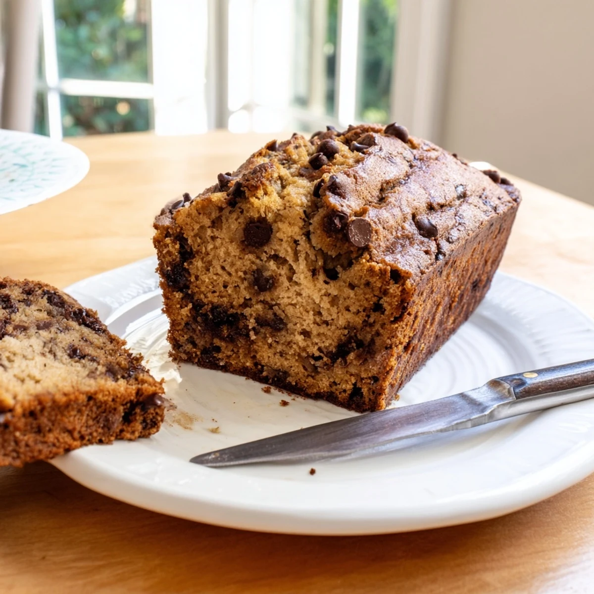 Whole chocolate chip banana bread cooling on wire rack with golden crust and visible chocolate chunks