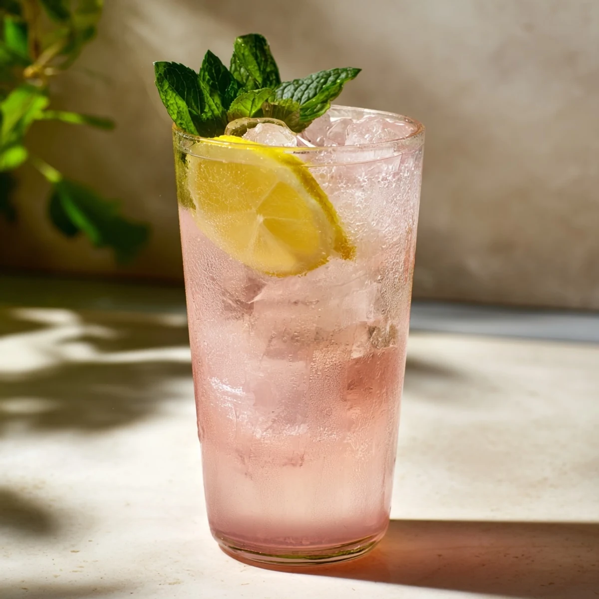 Garnished glass of pink guava white tea lemonade with fresh mint and ice