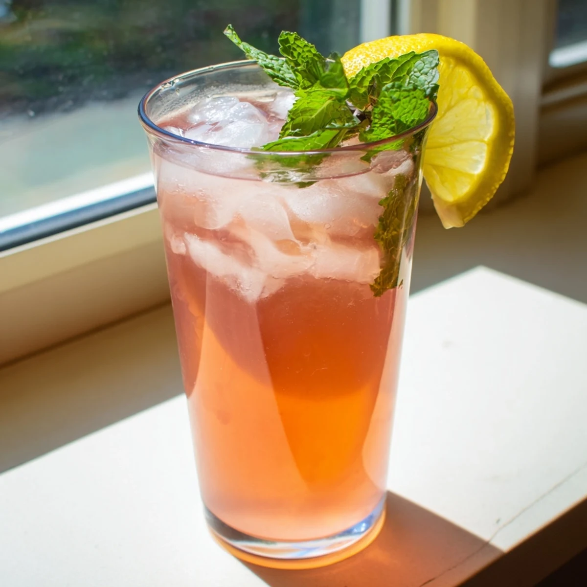Refreshing iced guava white tea lemonade served in tall glass with mint garnish