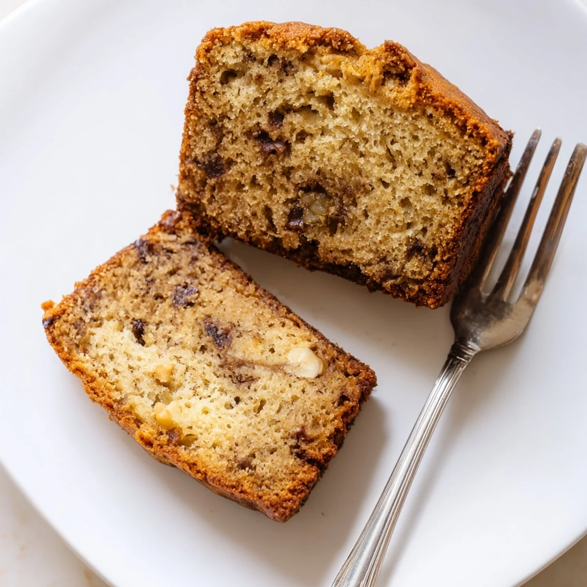 Golden slice of moist banana bread with a tender crumb, freshly baked on a wooden cutting board