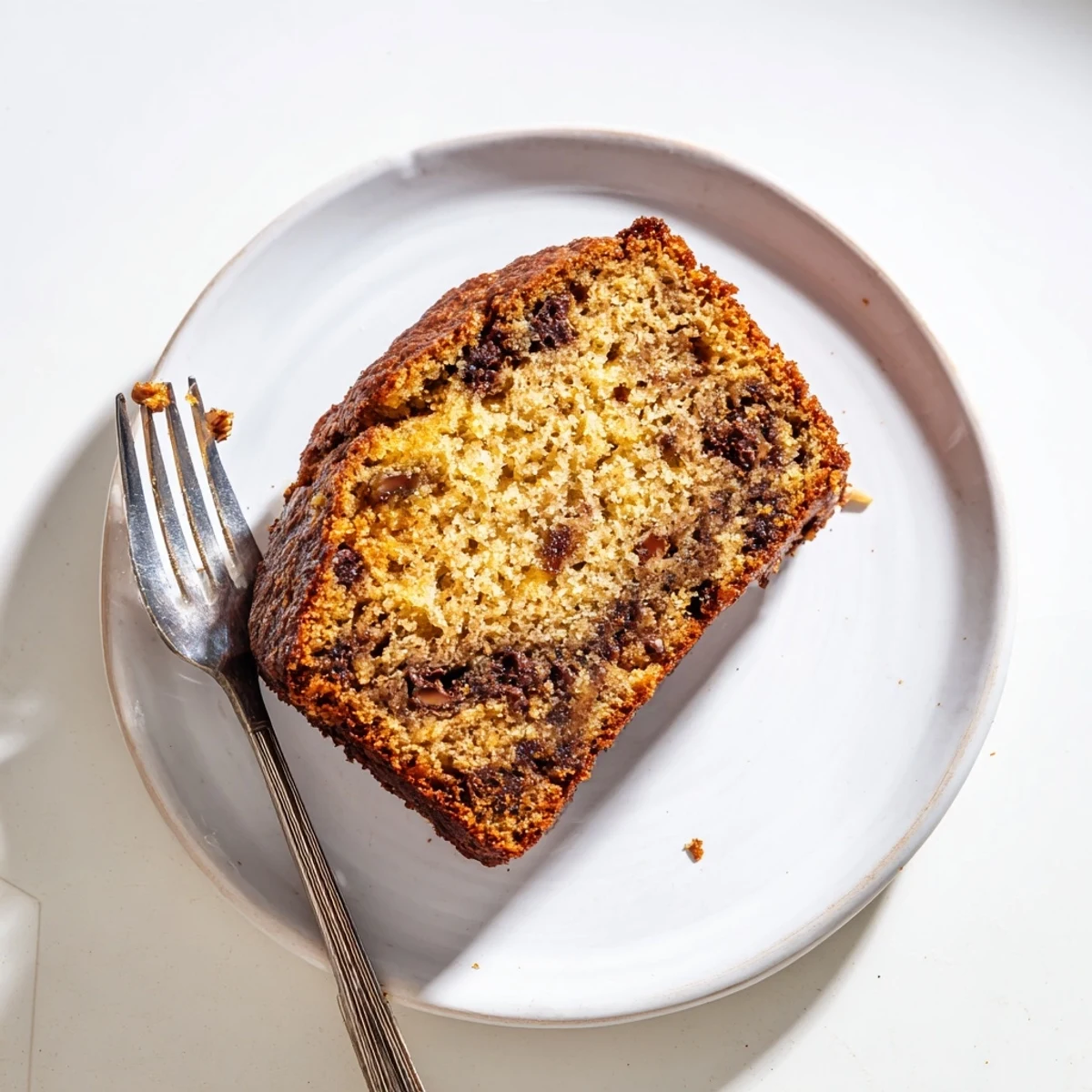 Warm loaf of classic moist banana bread topped with chopped walnuts, ready to slice and serve