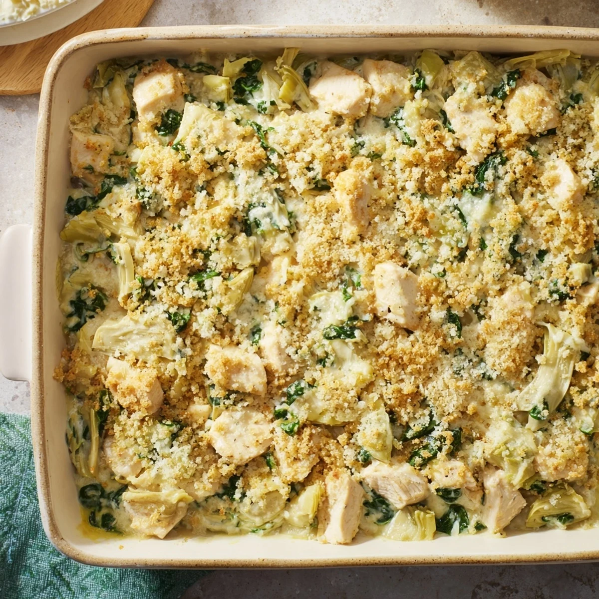 Golden brown high protein spinach and artichoke chicken casserole fresh from the oven