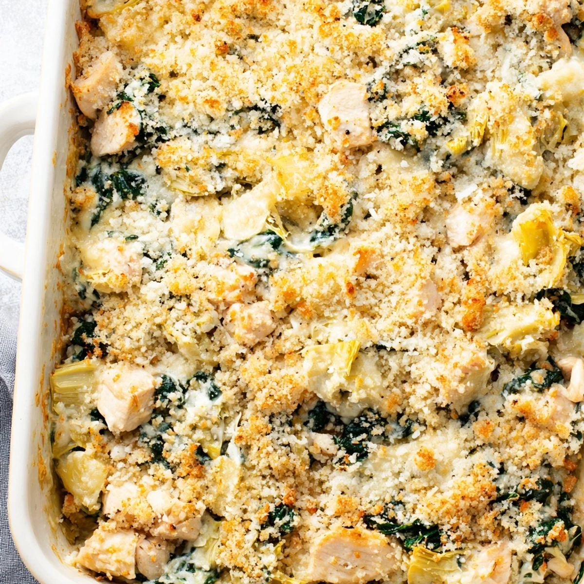 Creamy baked chicken casserole topped with crispy breadcrumbs and melted parmesan cheese