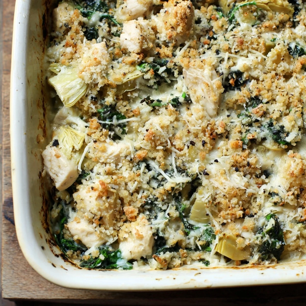Sliced portion of spinach artichoke chicken casserole showing tender chunks and cheesy sauce