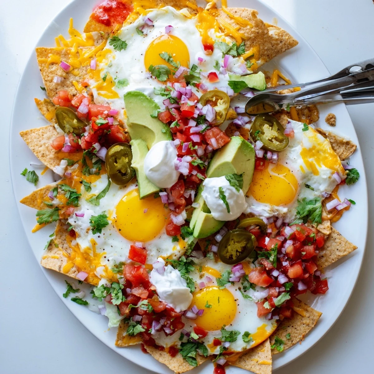 Colorful breakfast nachos piled high with tortilla chips, salsa, creamy avocado slices, and perfectly cooked eggs