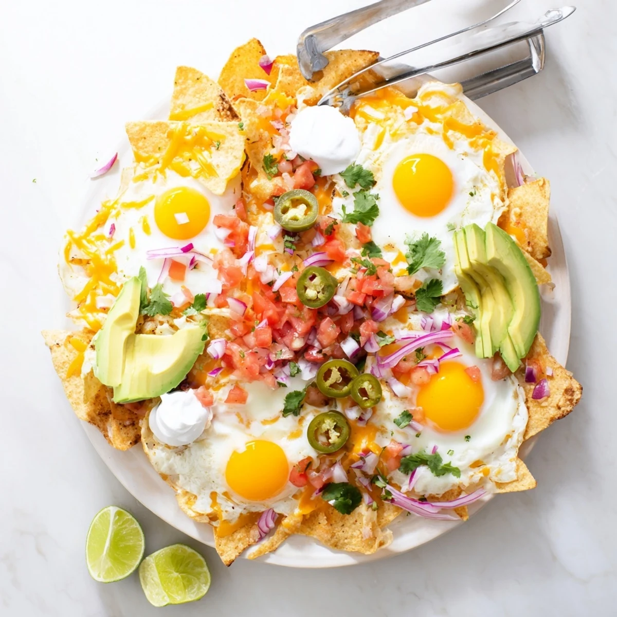 Golden Mexican egg nachos topped with melted cheese, fresh avocado, and runny sunny-side up eggs
