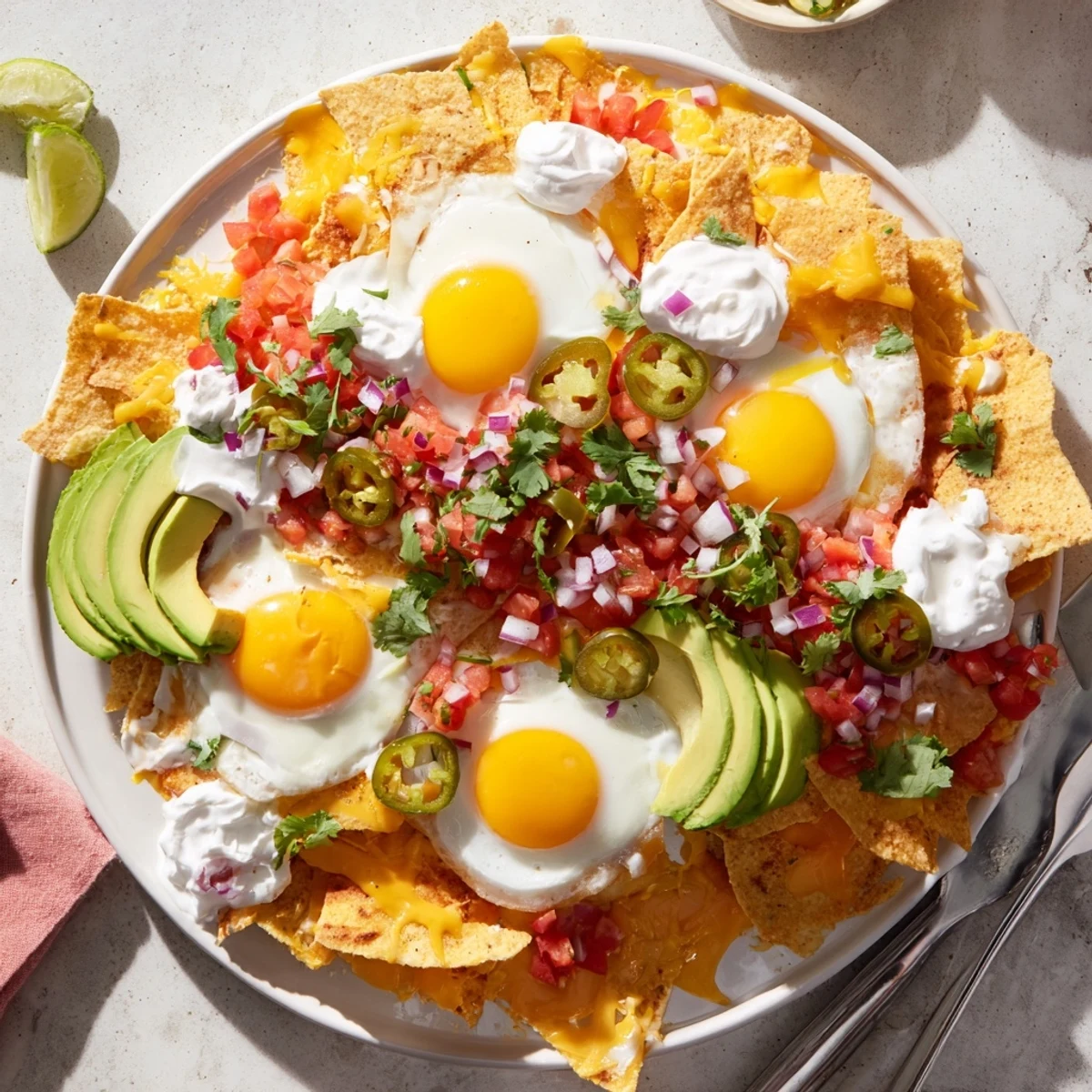Sizzling plate of Mexican egg nachos garnished with cilantro, jalapeños, sour cream, and lime wedges