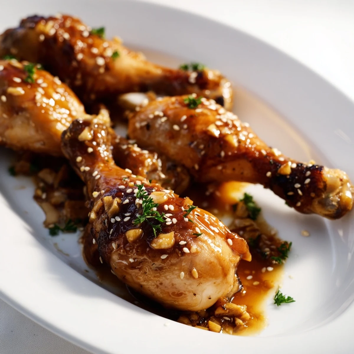 Golden honey garlic baked chicken drumsticks with sticky caramelized glaze and fresh parsley garnish on a white serving plate