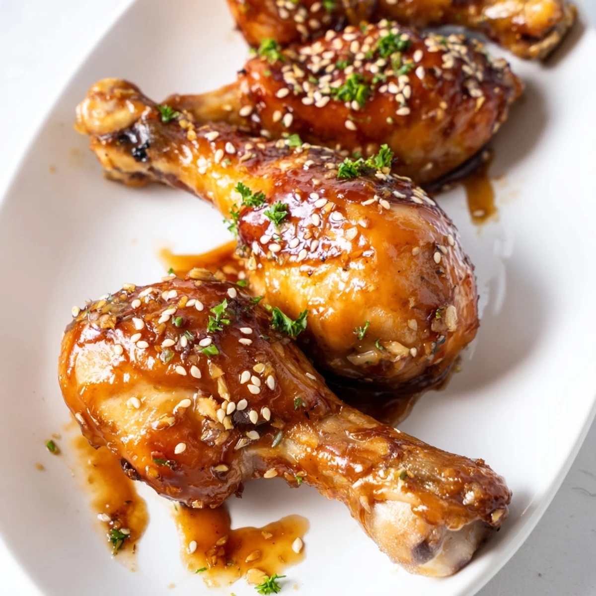 Close-up of juicy honey garlic baked chicken drumsticks arranged on a baking sheet with glossy, dripping glaze and green onion sprinkles