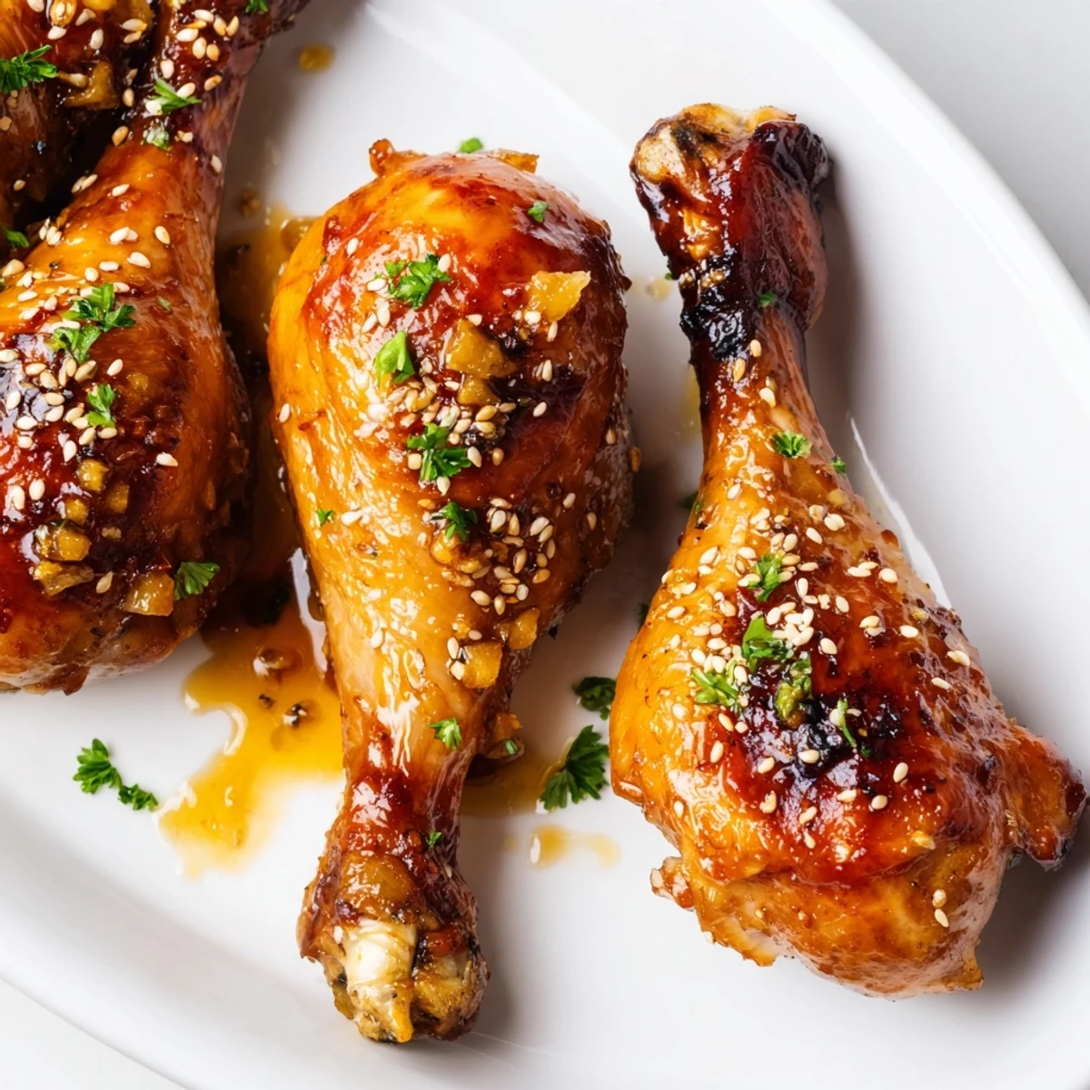 Tender baked chicken drumsticks coated in sweet and savory honey garlic sauce with beautifully caramelized edges and sesame seed topping