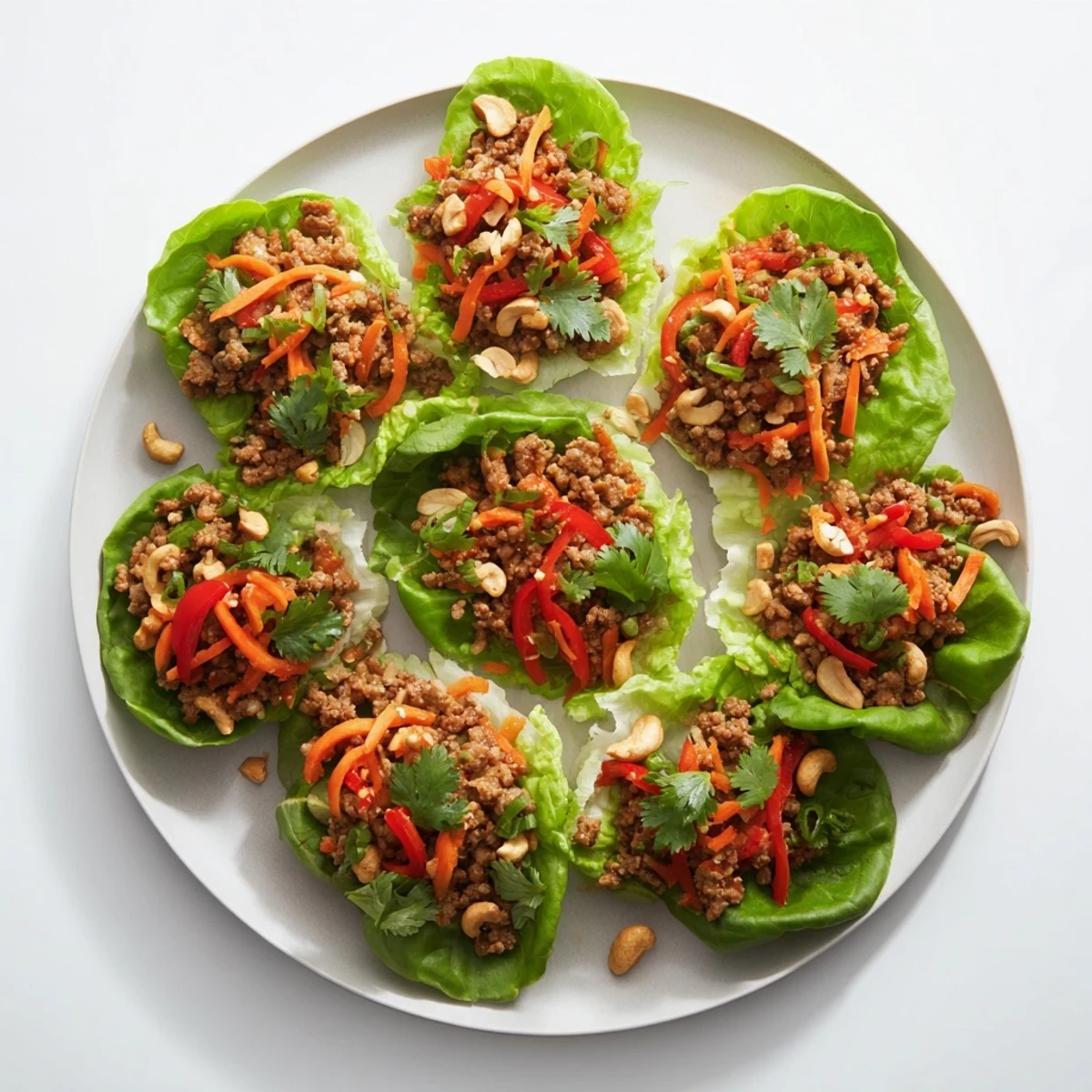 Golden beef mixture with crunchy cashews spooned into crisp green lettuce leaves