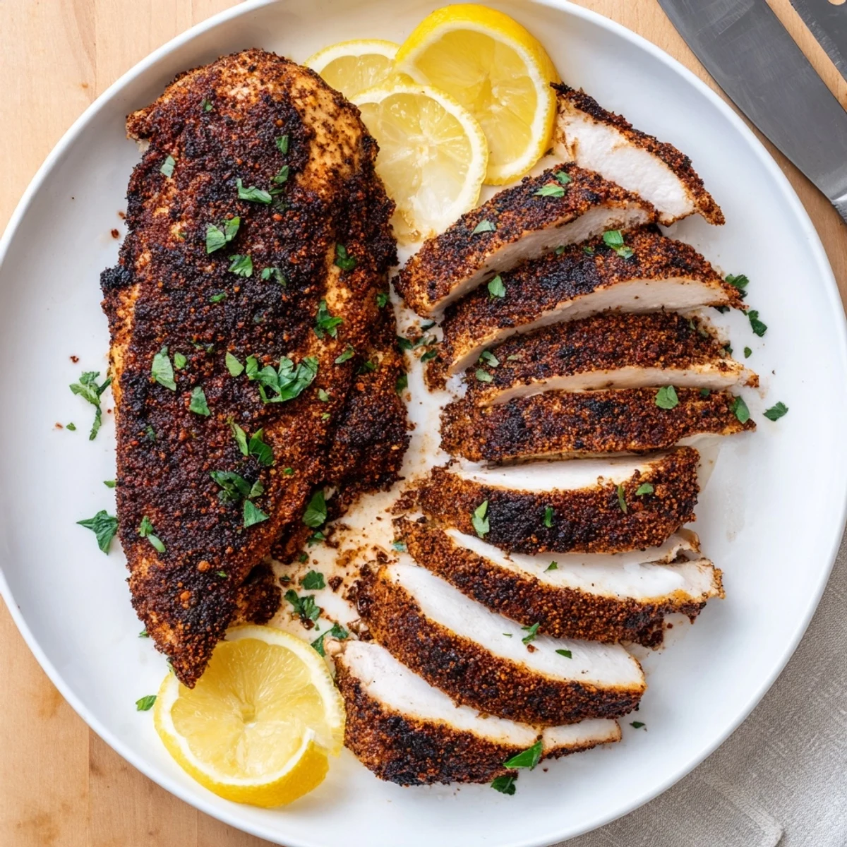 Golden brown blackened chicken breast with a dark, crispy spice crust on a white plate
