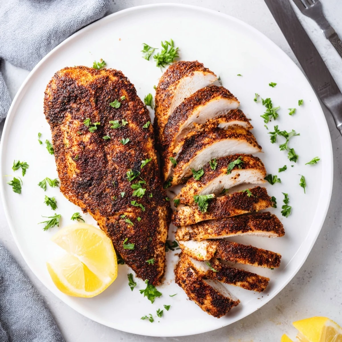 Spicy Cajun blackened chicken sliced open showing juicy, tender meat with herbs and lemon garnish