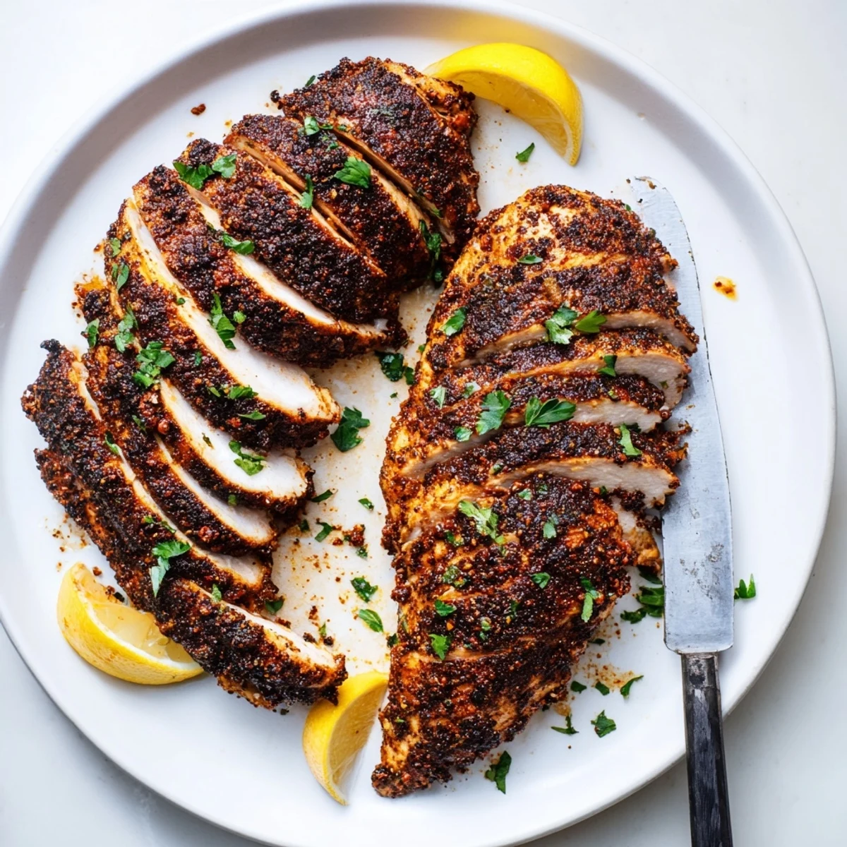 Cast iron skillet blackened chicken with smoky paprika crust and fresh parsley sprinkled on top
