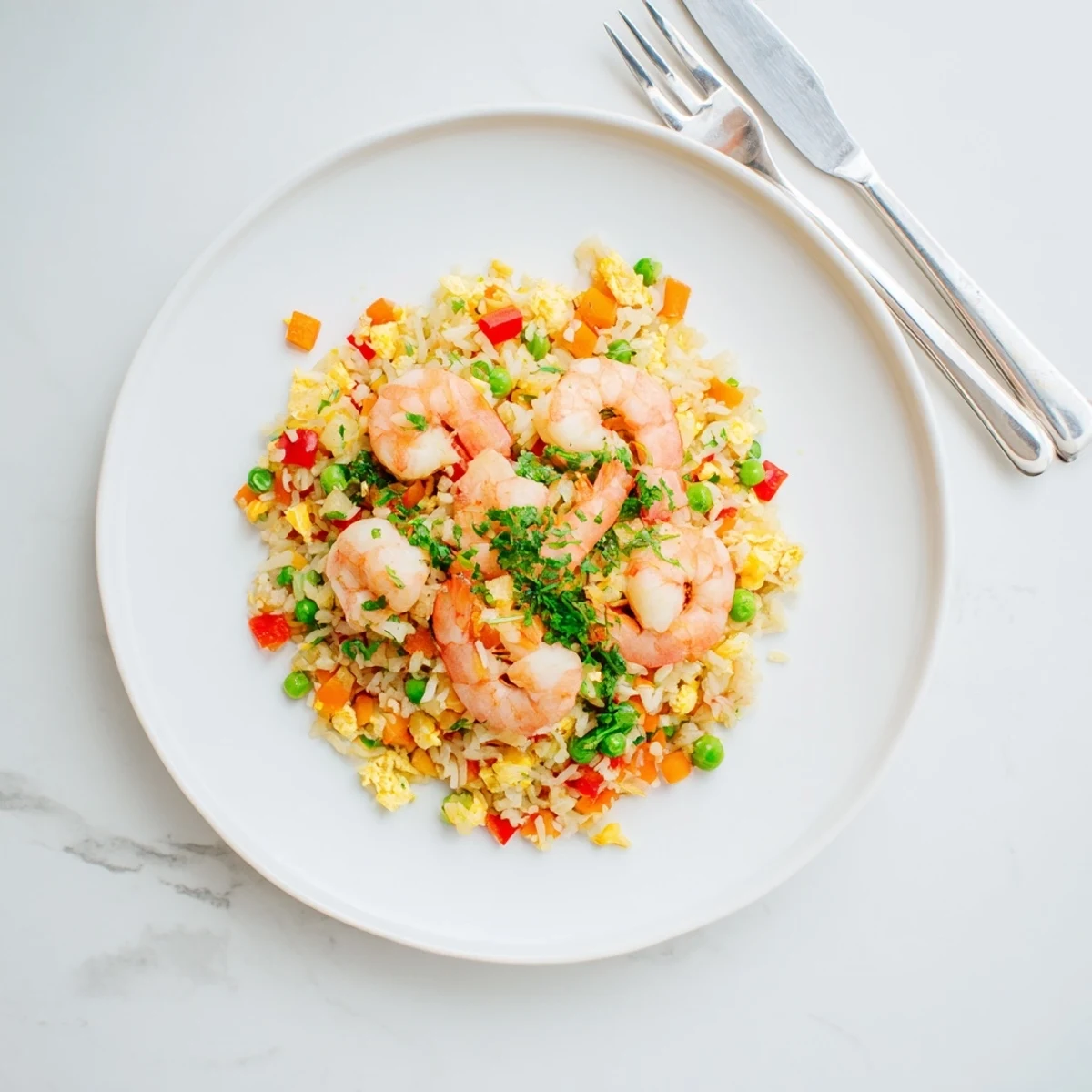 Golden garlic prawns atop colorful sweet chilli fried rice with diced vegetables and spring onions