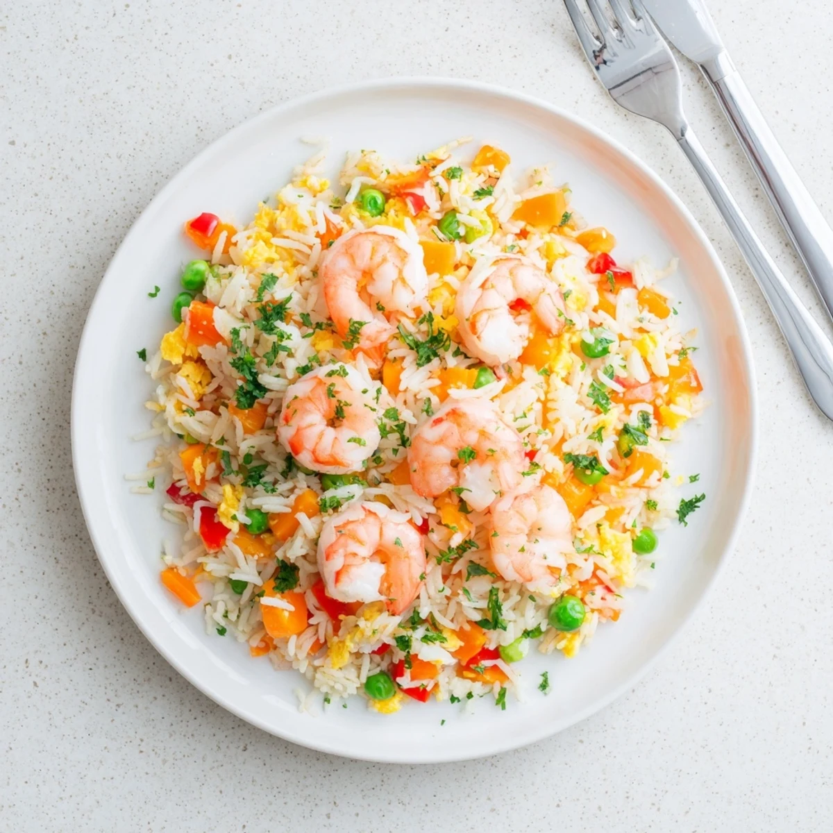 Vibrant Asian fusion bowl featuring juicy prawns served over sweet chilli fried rice with fresh garnish