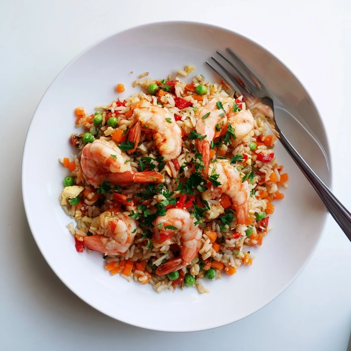 Weeknight dinner plate of garlic prawns and sweet chilli fried rice scattered with green onions and parsley