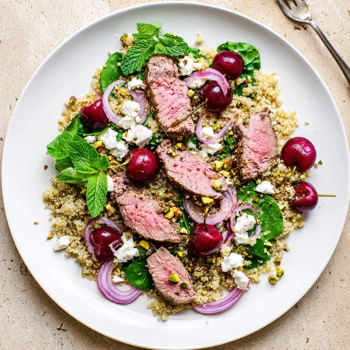 Colorful cherry quinoa salad with lamb featuring fresh cherries, spinach, feta, and toasted pistachios on a white serving plate