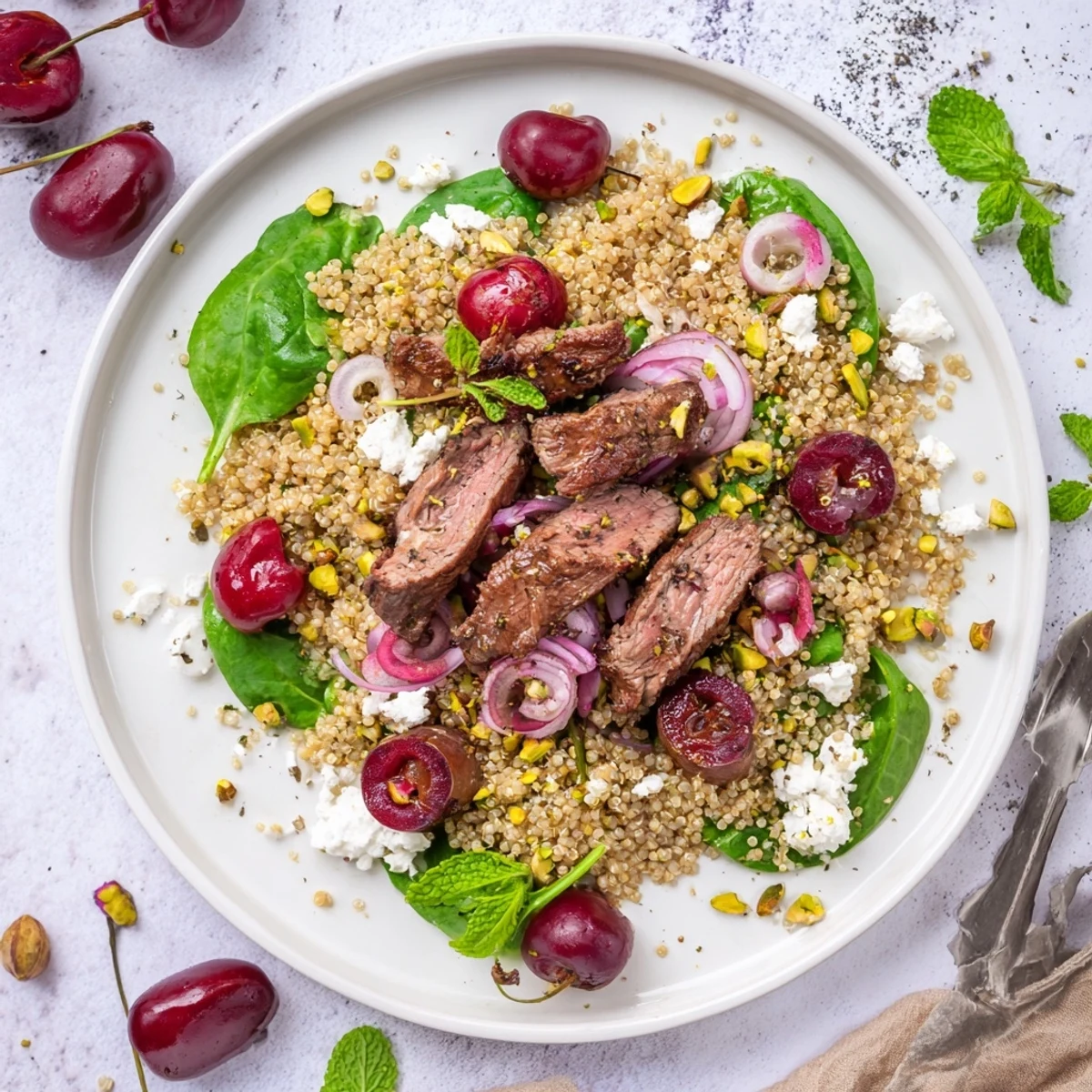 Mediterranean-style cherry quinoa salad with lamb topped with crumbled feta, mint, and red onion in a rustic bowl