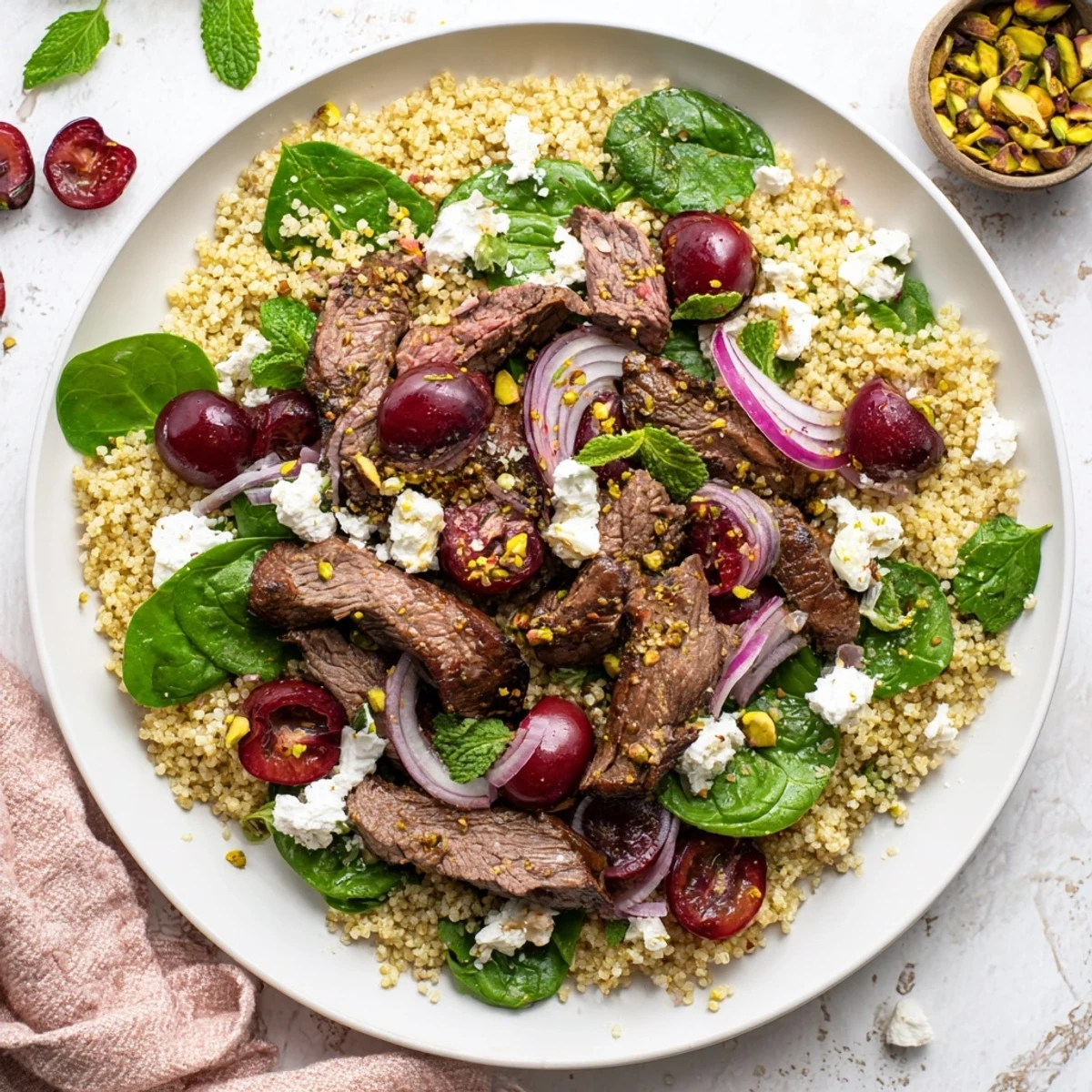 Protein-rich cherry quinoa salad with tender seared lamb strips, juicy cherries, and herb dressing garnished with fresh parsley