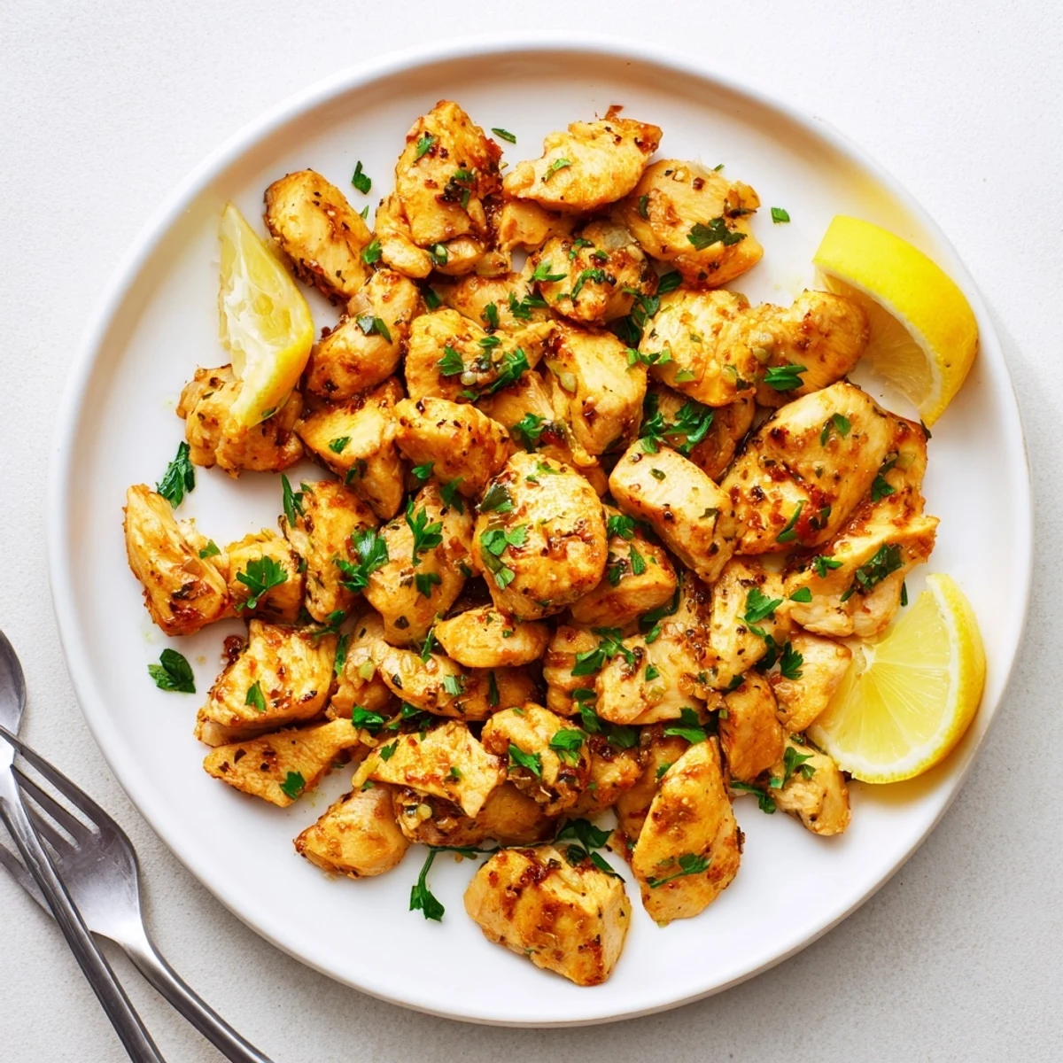 Golden air fryer lemon chicken bites garnished with fresh parsley and lemon wedges on a white plate