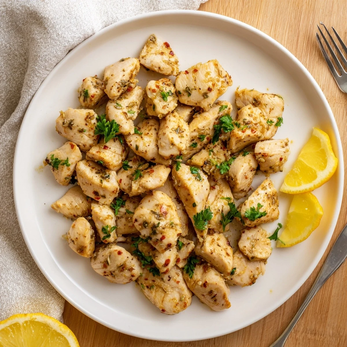 Crispy golden chicken pieces coated in zesty lemon herb seasoning arranged on a serving platter
