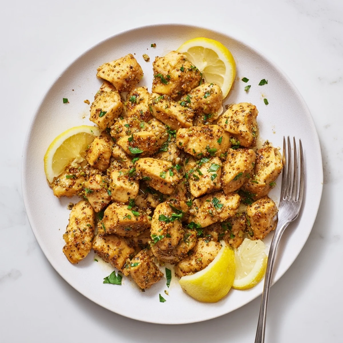 Tender marinated chicken bites air fried to perfection served with bright lemon wedges and parsley