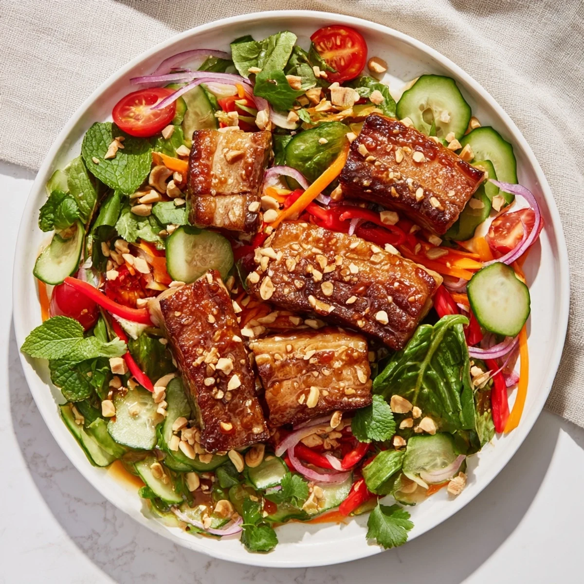 Vibrant Asian fusion salad featuring tender crispy pork belly tossed in tangy sweet and sour glaze with mixed greens and herbs
