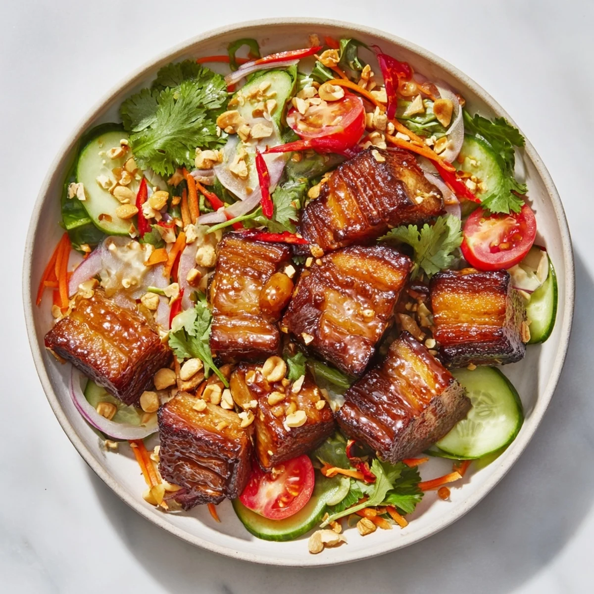 Crispy sweet and sour pork belly salad with glazed golden meat over fresh colorful vegetables and crunchy peanut topping
