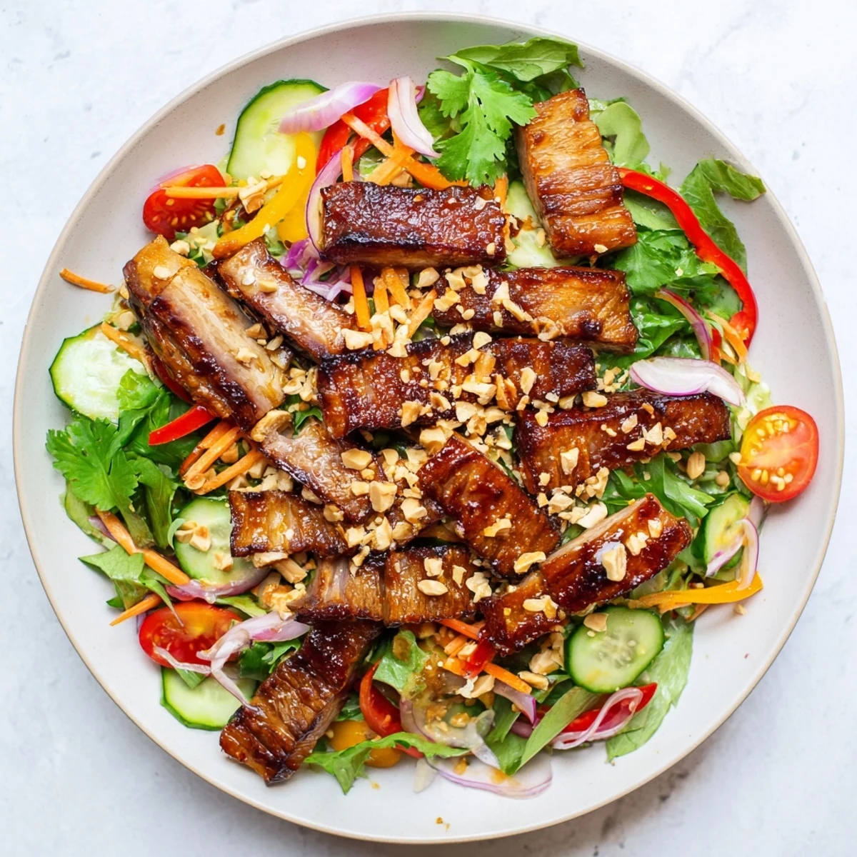 Golden roasted pork belly pieces coated in glossy sweet and sour sauce served over crisp cucumber, carrot, and tomato salad base