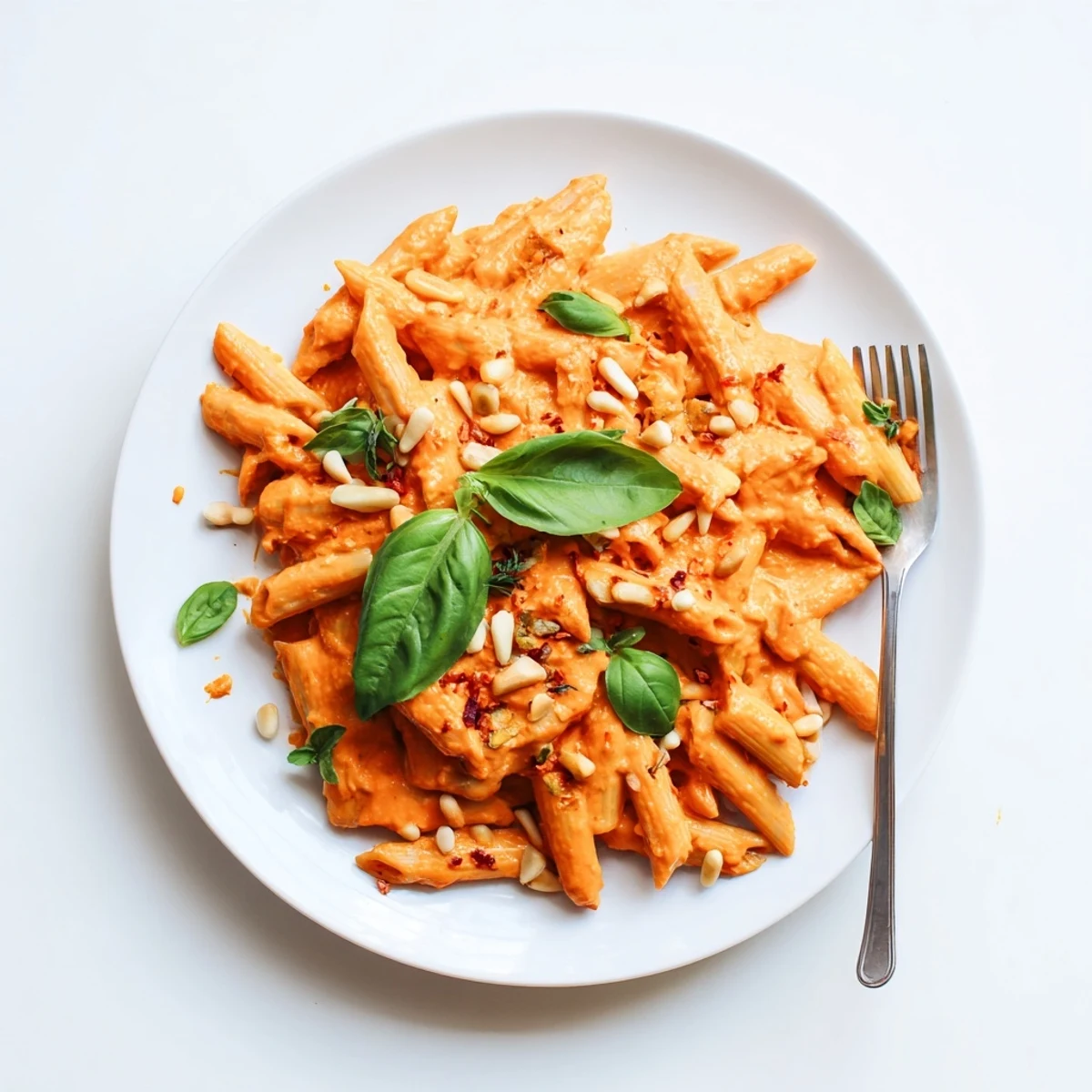 Creamy vegan sun dried tomato pasta coated in rich dairy-free sauce with fresh basil garnish